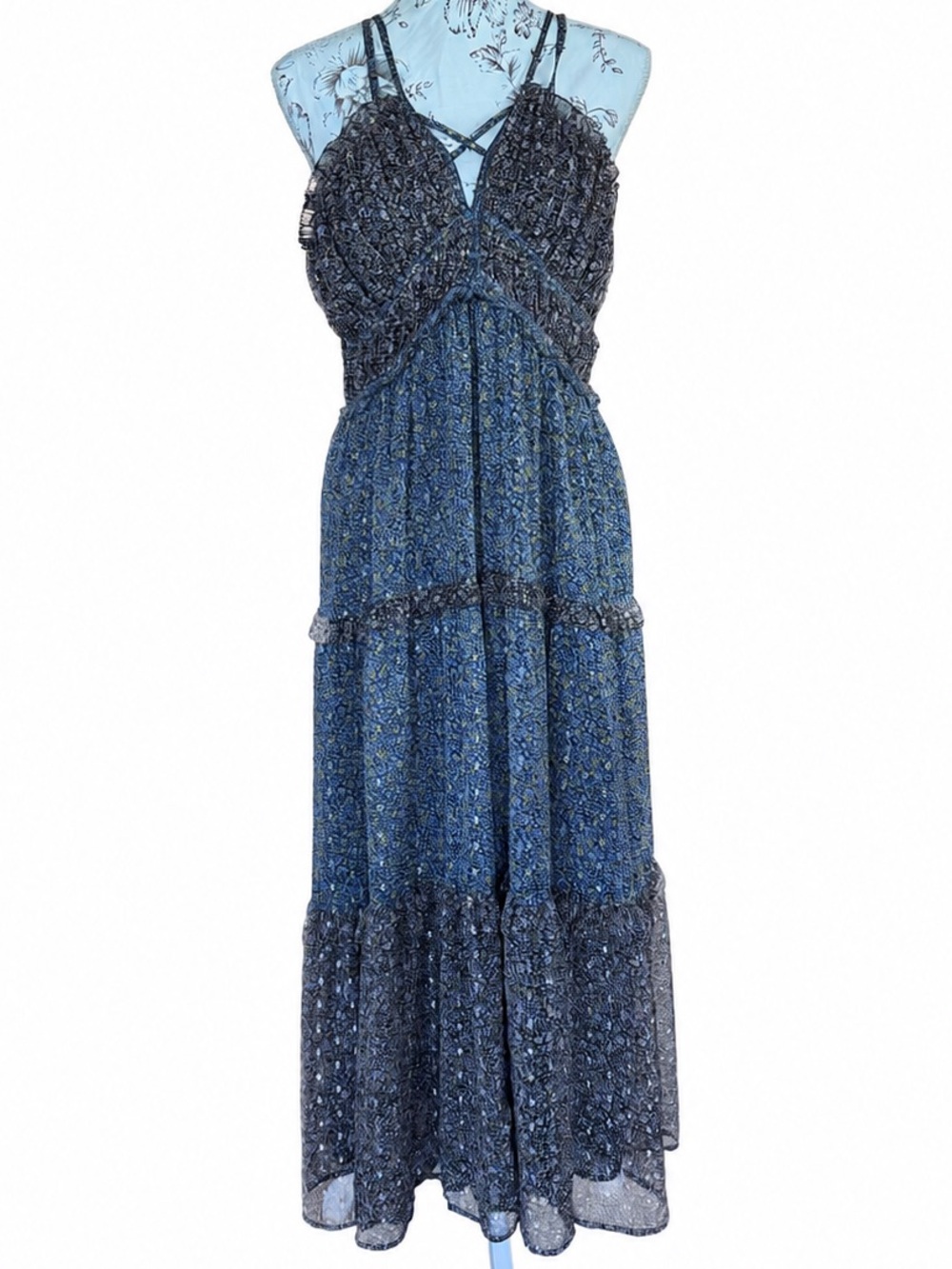 Lucky Brand Floral Metallic Tiered Maxi Dress Women’s Large Strappy Boho
